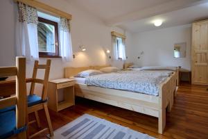 a bedroom with a bed and a desk and a chair at The farmhouse Bevsek Osep in Solčava