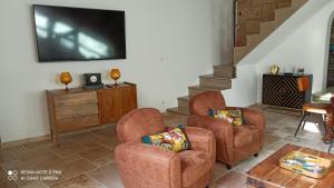 salon z 2 krzesłami i telewizorem z płaskim ekranem w obiekcie La Barrack Broc w mieście Aimargues