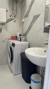 a bathroom with a sink and a washing machine at Przno Apartment Most Oliva in Vrijesno +13 photos