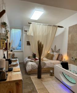 a bedroom with a bed with a curtain on it at l'Idylle - Coeur de Bastide - balnéo - Clim in Carcassonne