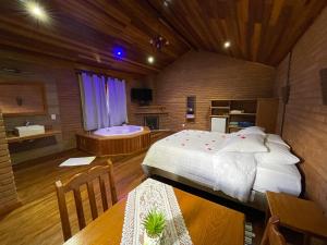 1 dormitorio con 1 cama grande y bañera en Pousada Vista Bonita, en Visconde De Maua