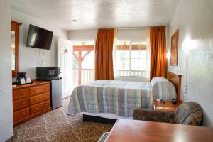 um quarto de hotel com uma cama e uma televisão em Swiss Holiday Lodge em Mount Shasta