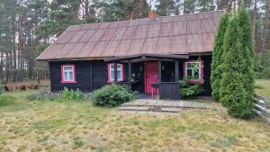 a small black house with a red door at Sena Troba in Druskininkai