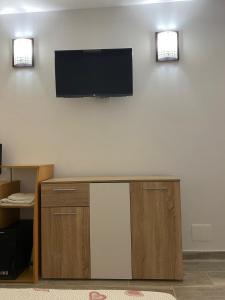 a flat screen tv on a wall in a room at Casa Stoian in Costinesti