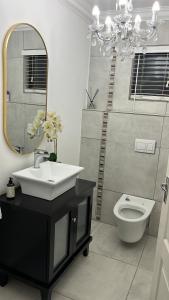 ein Badezimmer mit einem Waschbecken, einem Spiegel und einem WC in der Unterkunft Maso palace in Polokwane