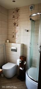 a bathroom with a tub and a toilet and a shower at Domek letniskowy nad jeziorem Mazury in Ostróda
