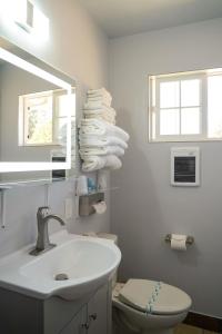 uma casa de banho com um lavatório, um WC e um espelho. em Swiss Holiday Lodge em Mount Shasta