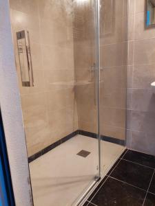 a shower with a glass door in a bathroom at Casa do Cabeço - Termas da Sulfúrea in Cabeço de Vide