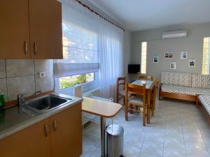 a kitchen and living room with a couch and a table at Apartments Thomoglou in Keramoti