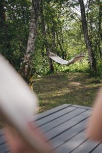 a hammock in the middle of a forest at River Cabin in Inciems