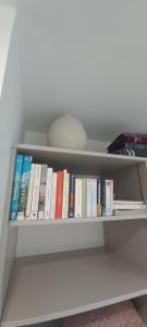 Un estante blanco con libros y una pelota. en LA CASA logement indépendant 26m2 Calme Proche de tout WIFI fibre Parking privé Jardin terrasse, en Urrugne