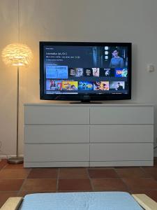 En tv och/eller ett underhållningssystem på Schönes Apartment mit Balkon Aggertalsperre