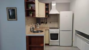 a kitchen with a white refrigerator and a sink at Promenade Apartment in Liepāja +20 photos