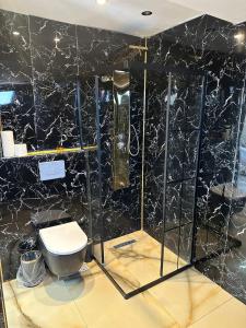 a black marble bathroom with a toilet and a shower at Vip Otel in Istanbul