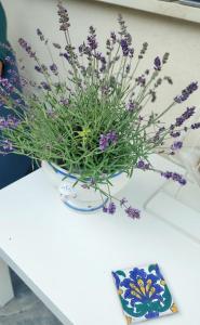 un jarrón lleno de flores púrpuras en una mesa en La valle incantata, en Villanova dʼAsti