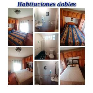 un collage de fotos de un dormitorio con cama y baño en El Castillejo de Camarena de la Sierra, en Camarena de la Sierra
