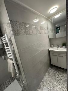 a bathroom with a shower and a sink at Guszti Apartman in Pécs