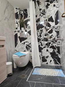 a black and white bathroom with a toilet and a shower at Modern Apartment Kallithea 1 in Kallithea Halkidikis +25 photos