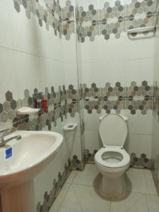 uma casa de banho com um WC e um lavatório em Jurassic Hostal em Torotoro