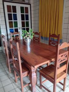 een houten eettafel met stoelen en een plant bij apto wiljan in Petrópolis +19 foto's