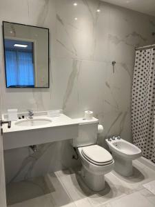 bagno con lavandino, servizi igienici e specchio di Monroe Suites a Buenos Aires