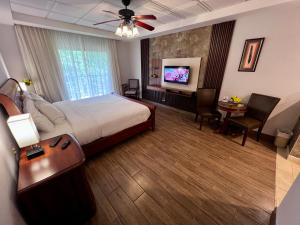 a hotel room with a bed and a television at Hotel Valle del Rio in Boquete