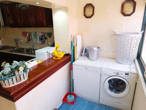 a kitchen with a washing machine on a counter at Caroça House in Nazaré