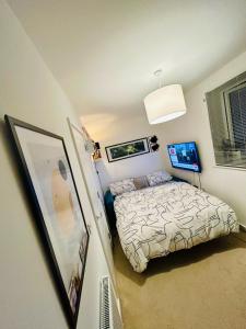 a small bedroom with a bed and a window at Cosy private double room & sofa-bed room in vibrant Hatfield neighbourhood in Hatfield