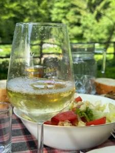 una copa de vino sentada junto a un tazón de ensalada en Guest house Hyrmet Demushi, en Valbonë