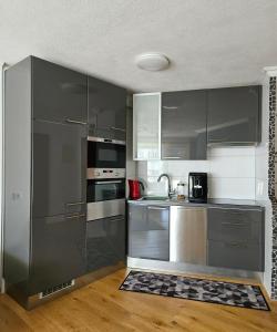 a kitchen with stainless steel appliances and gray cabinets at City-Center Apartment Böblingen mit Balkon,Parking,Smart-TV in Böblingen