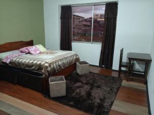 1 dormitorio con cama, ventana y alfombra en La Perla Cuencana Hostal en Cuenca