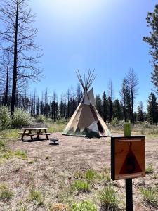 a tent and a picnic table in a field at Heartline Ranch, LLC in Chiloquin