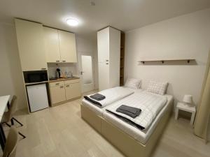 Il comprend une petite chambre avec un lit et une cuisine. dans l'établissement Bella Apartments Brno, à Brno