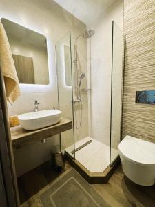 a bathroom with a shower and a sink and a toilet at The Stonehouse at the Harbor in Pythagoreio