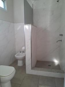 La salle de bains blanche est pourvue d'une douche et de toilettes. dans l'établissement Hotel Azul Junin, à Junín