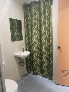 a bathroom with a green shower curtain and a sink at Hotel Good Day in Angeles