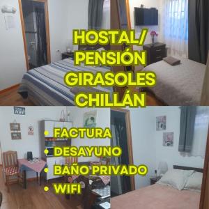 a collage of two pictures of a bedroom with a bed at Hostal Girasol 2 in Chillán