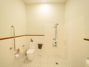 a white bathroom with a toilet and a shower at Maddies of Bolwarra in Maitland