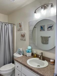 a bathroom with a sink and a toilet and a mirror at Cozy 3 Bedroom Vacation Home in North Port