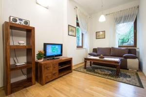 a living room with a couch and a tv at Apartamenty Willa Radowid Zakopane in Zakopane