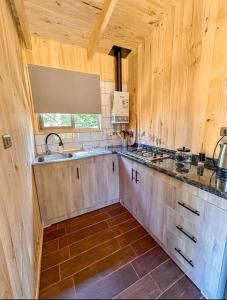 a kitchen with a sink and a counter top at Cabañas aires del sur in Panguipulli