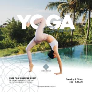 a woman doing a yoga pose by a pool at Astera Resort Canggu by Ini Vie Hospitality in Canggu
