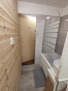 ein Badezimmer mit einer Dusche, einem Waschbecken und einer Badewanne in der Unterkunft Apartmán Brno-Bystrc in Brünn