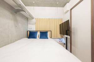 a bedroom with a bed with blue pillows and a tv at Ferio kamata III in Tokyo +20 photos