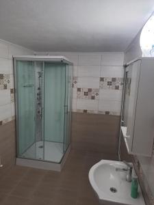 y baño con ducha acristalada y lavamanos. en Cabana Cosmina &Milan, en Câmpeni