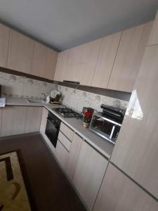 肯佩尼的住宿－Cabana Cosmina &Milan，厨房配有白色橱柜和炉灶烤箱。