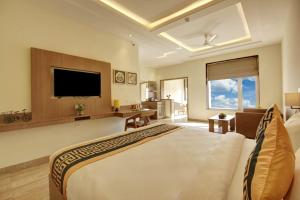 um quarto de hotel com uma cama e uma televisão em Hotel King Plaza em Nova Deli