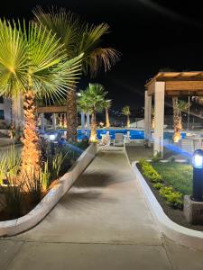 a resort walkway with palm trees at night at Departamento en Mazatlán in Mazatlán