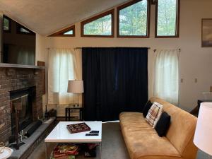 ein Wohnzimmer mit einem Sofa und einem Kamin in der Unterkunft Oceans - KING BED Cabin Loft & Fireplace in Tobyhanna