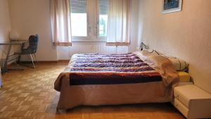 a bedroom with a bed and a desk and a window at Sehr gemütliches und gepflegtes Zimmer 8 Km von Bern-City in Köniz